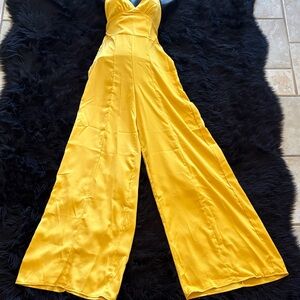 Fashion Nova Bright Yellow Wide-Leg Satin Jumpsuit